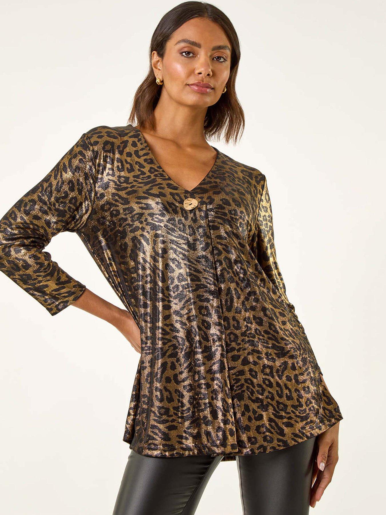 Roman Metallic Animal Print Tunic Top - Gold