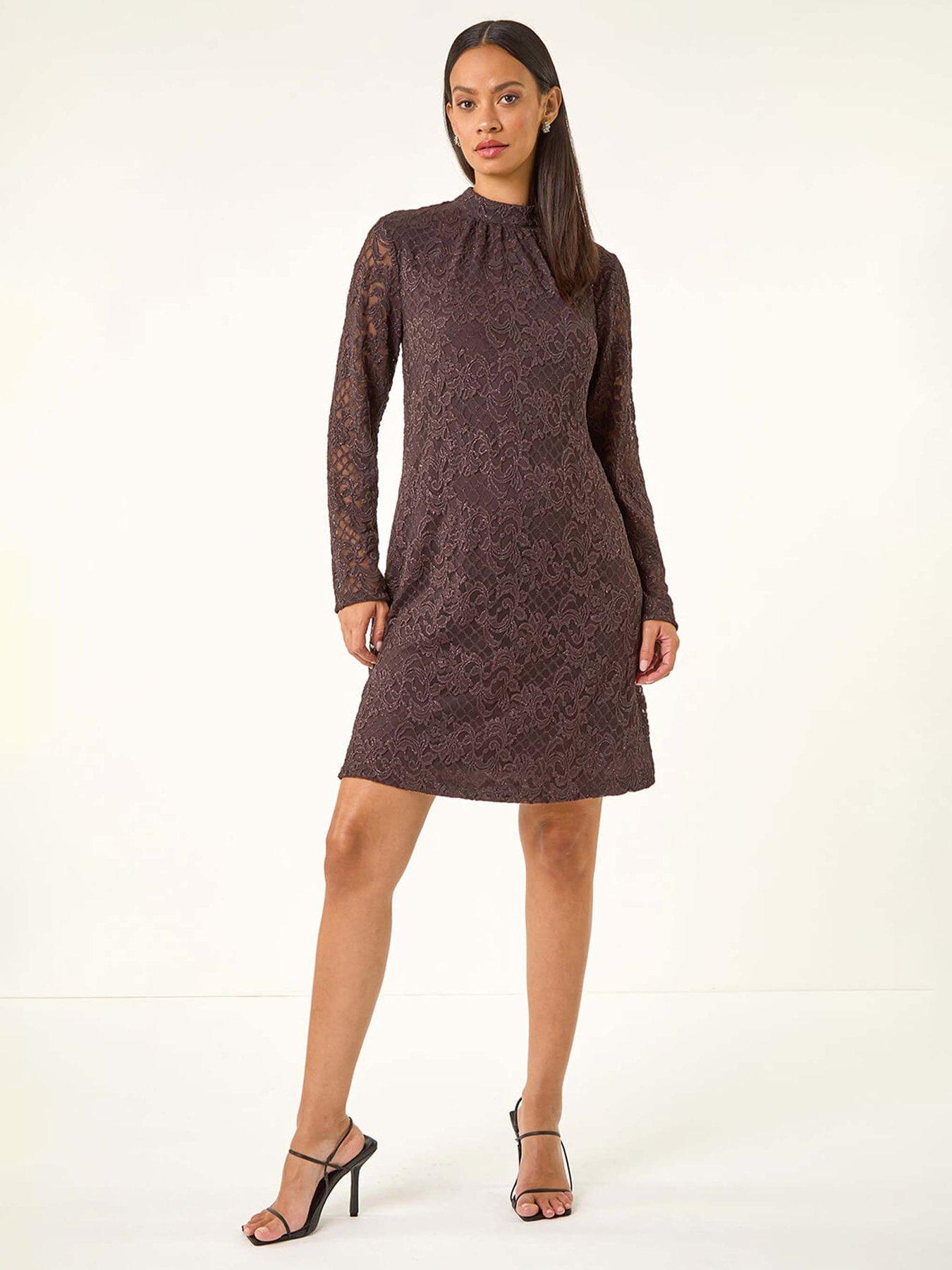 Roman Dusk Baroque Lace Shift Dress - Brown