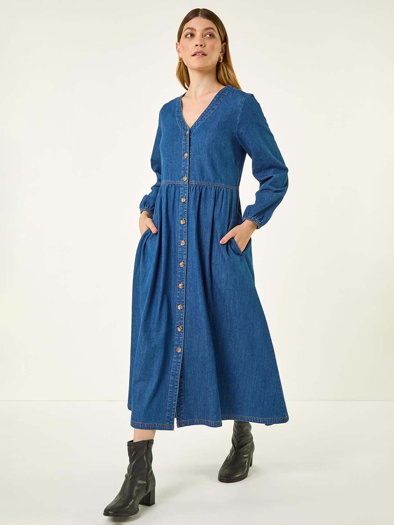 Roman Denim Button Midi Dress - Blue