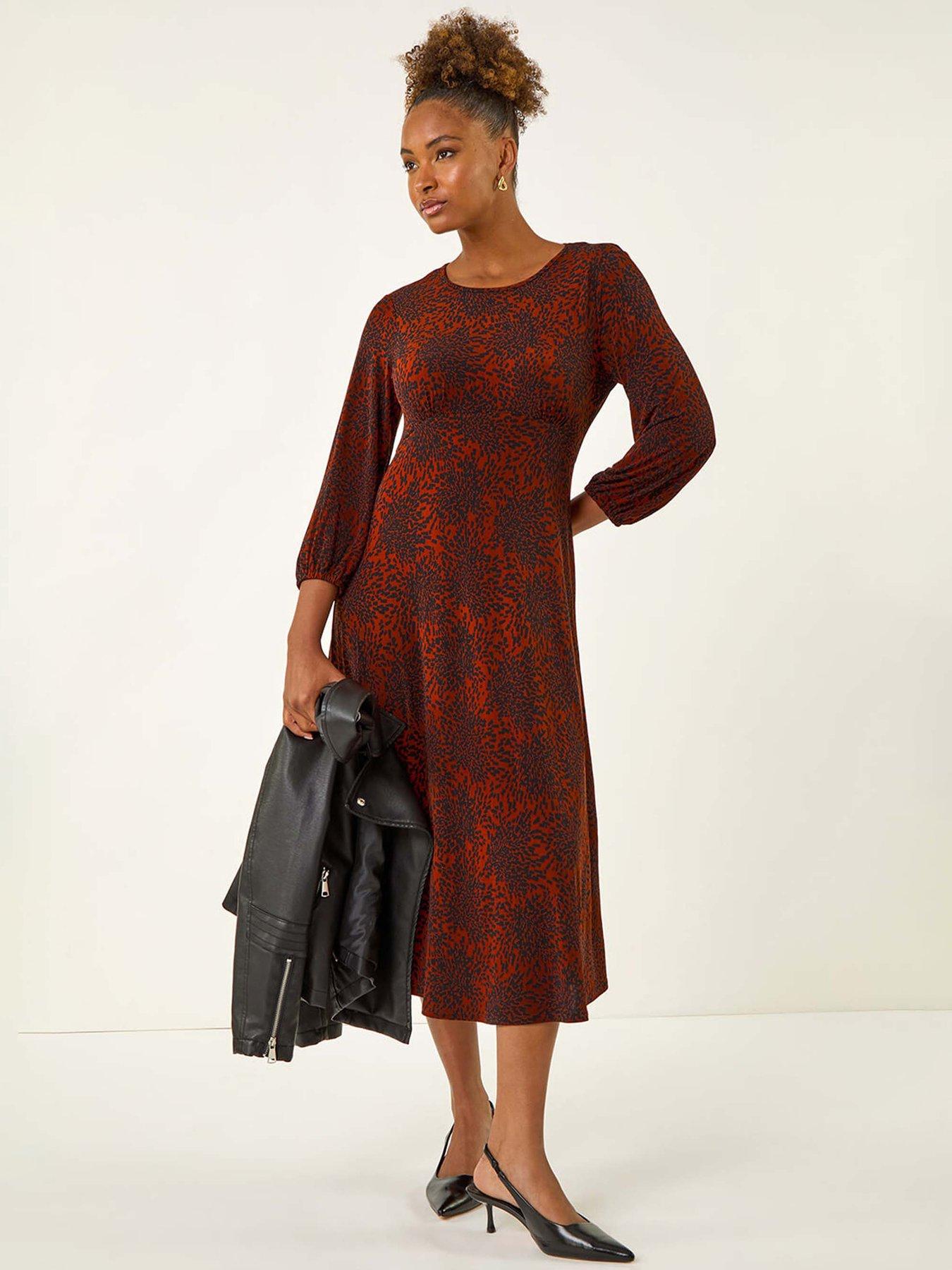 Image 1 of 5 of Roman Speckled A-line Stretch Midi Dress - Orange