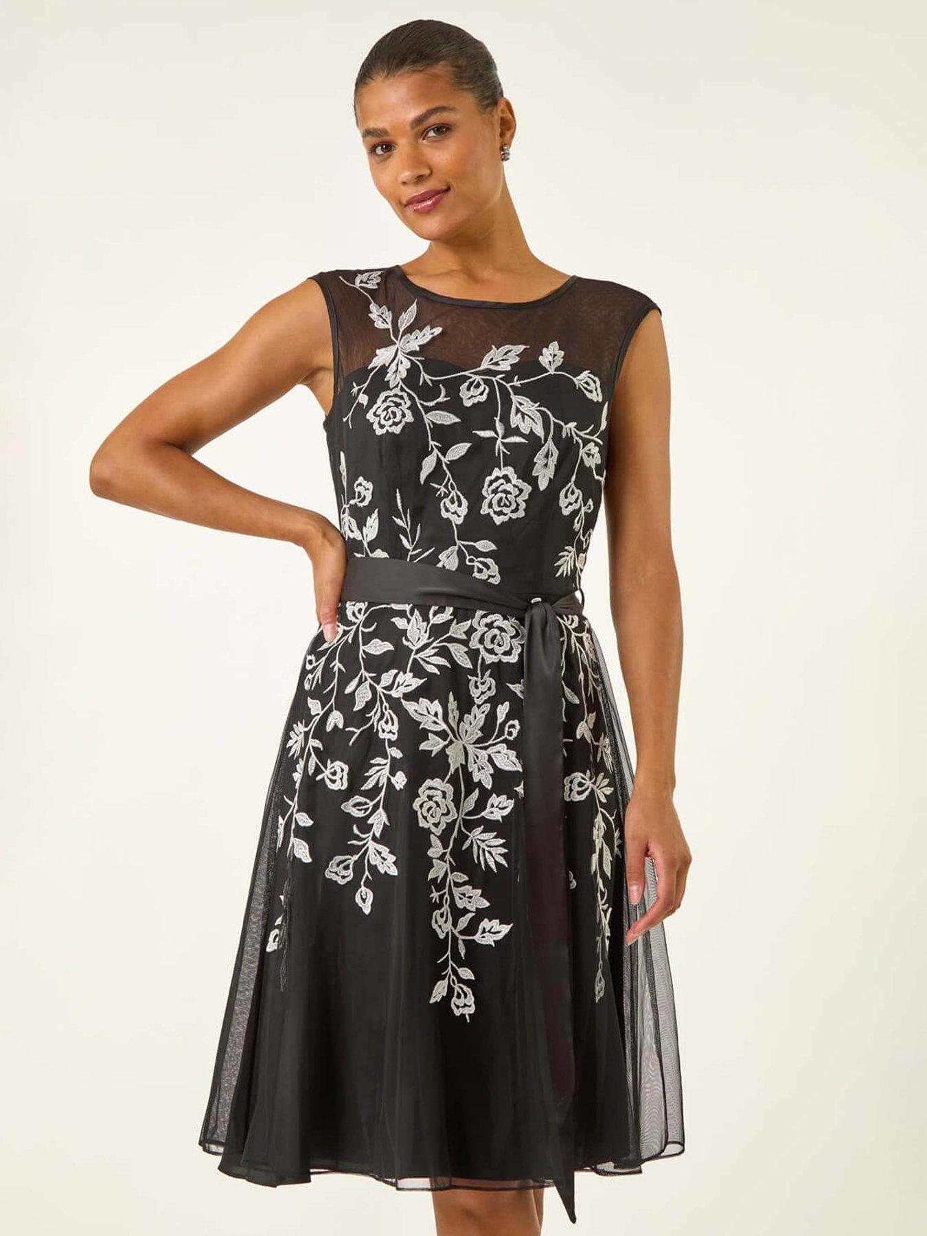 Image 3 of 5 of Roman Embroidered Tie Waist Midi Dress - Black