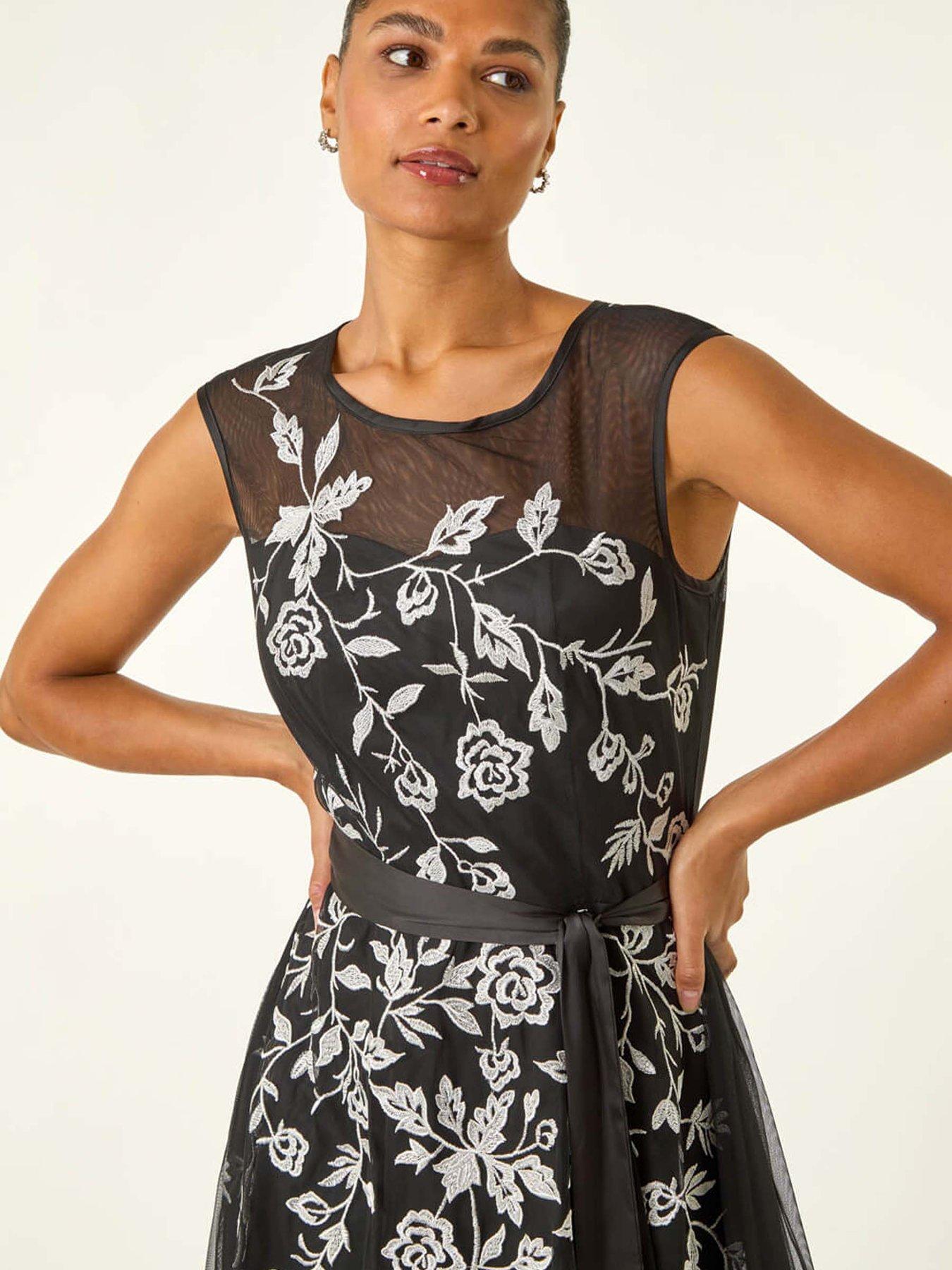 Image 4 of 5 of Roman Embroidered Tie Waist Midi Dress - Black