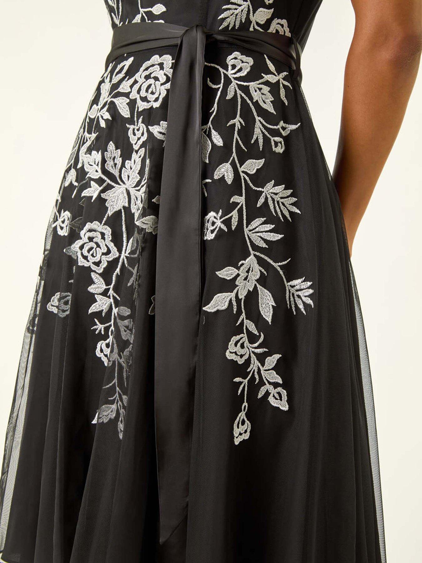 Image 5 of 5 of Roman Embroidered Tie Waist Midi Dress - Black