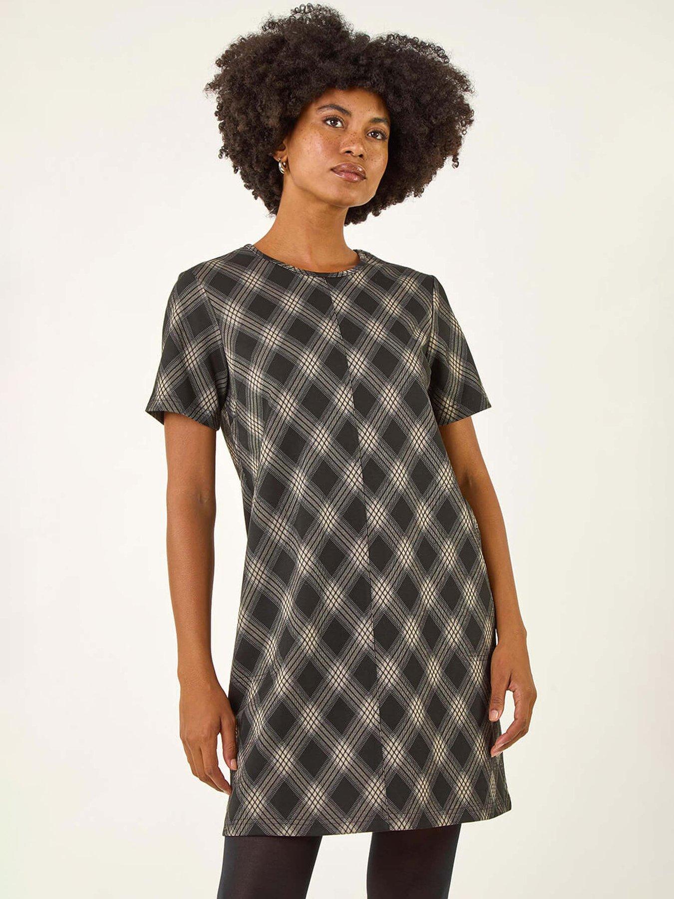 Image 1 of 5 of Roman Check Print T-shirt Stretch Dress - Grey