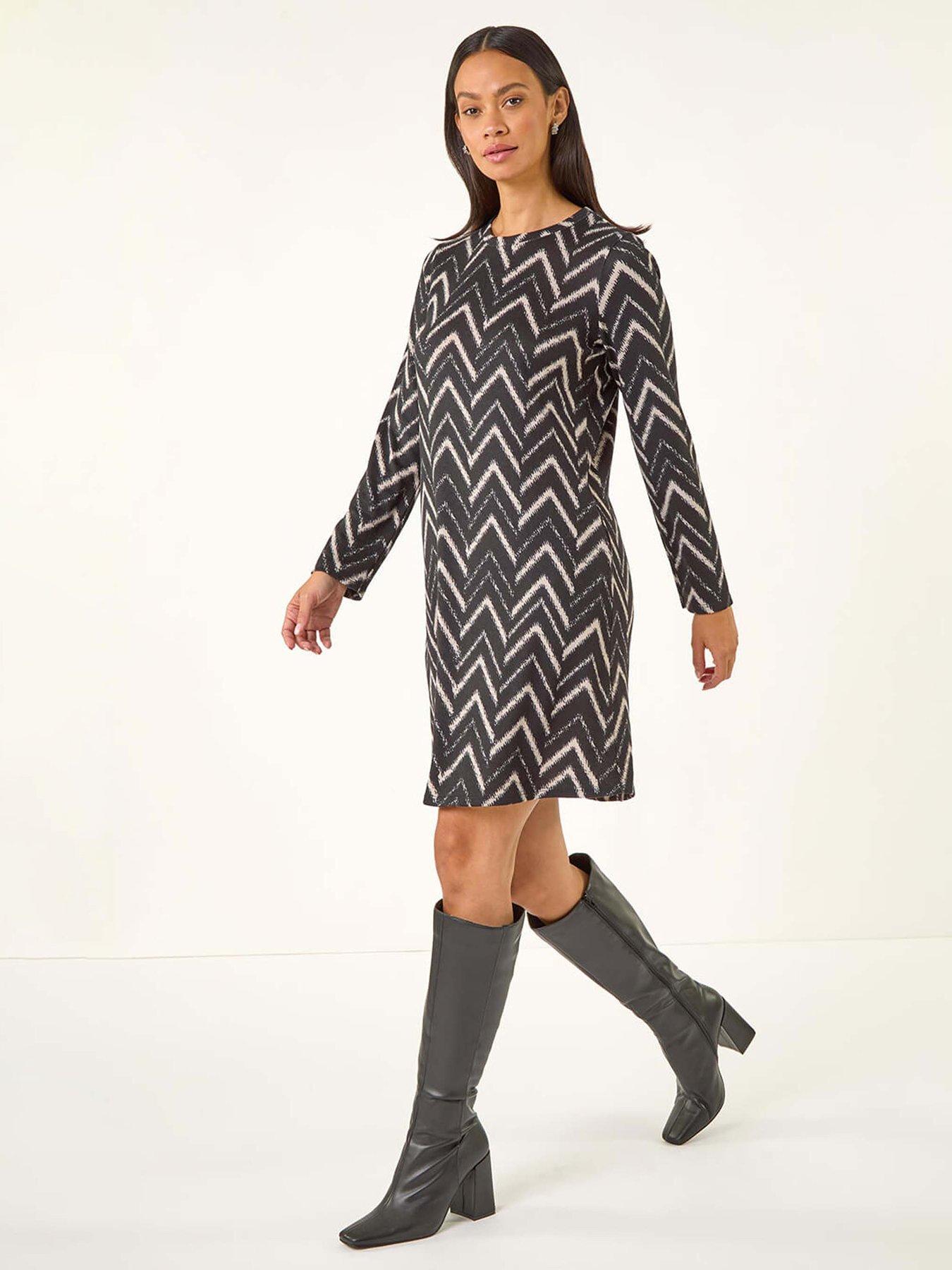 Roman Dusk Stripe Swing Stretch Dress - Black