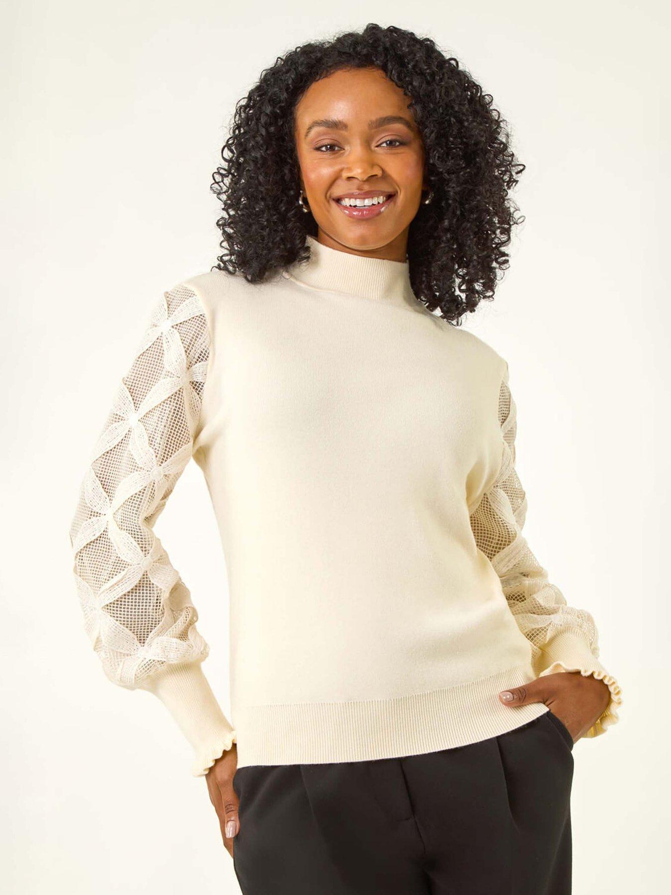 Roman Petite Lace Sleeve Knit Jumper - White