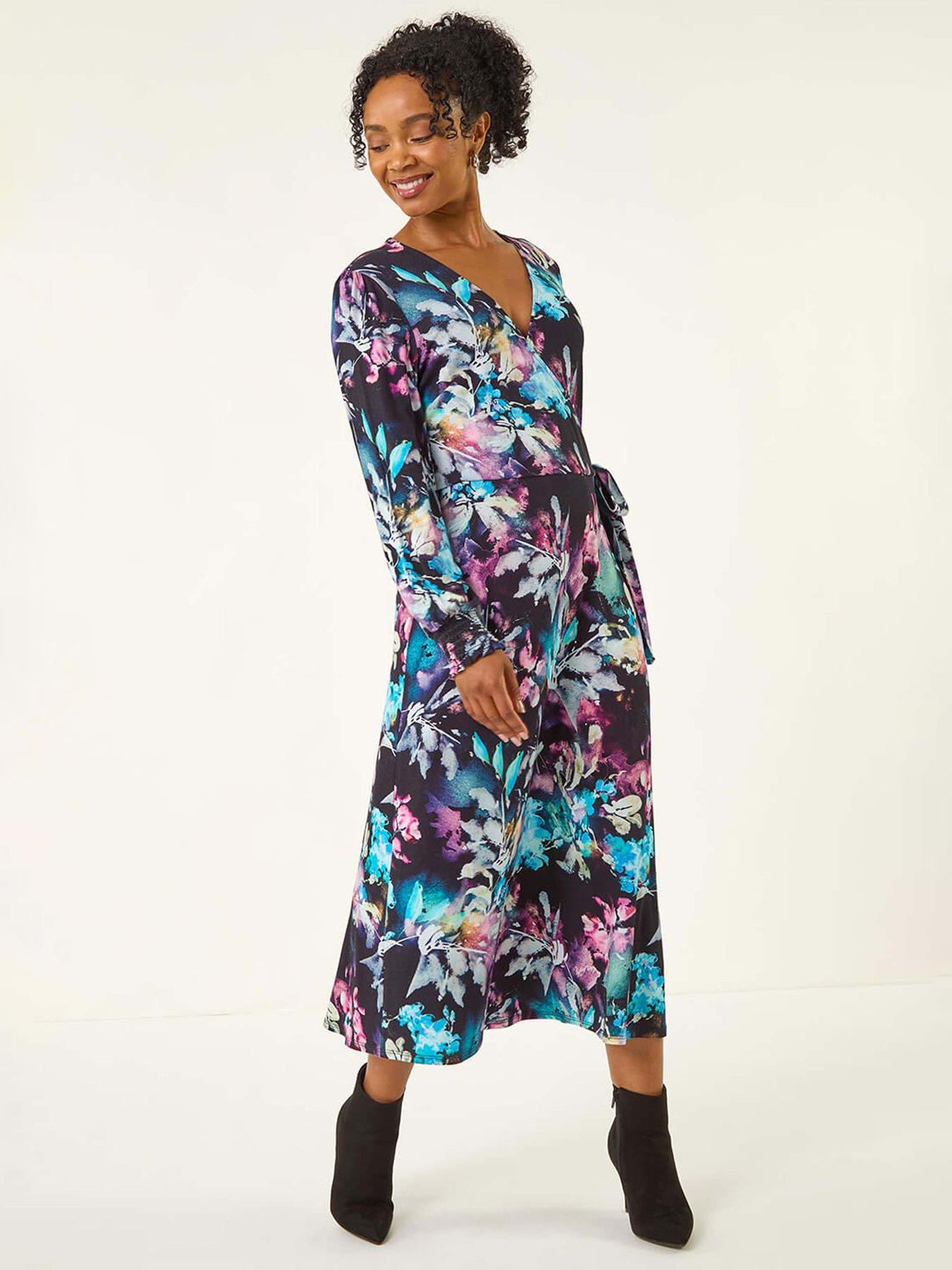 Roman Petite Abstract Stretch Midi Dress - Navy