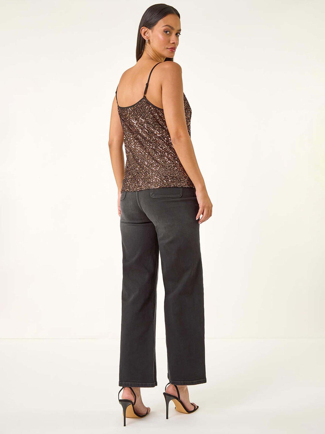 Image 2 of 5 of Roman Dusk Cowl Neck Sequin Cami Top - Brown