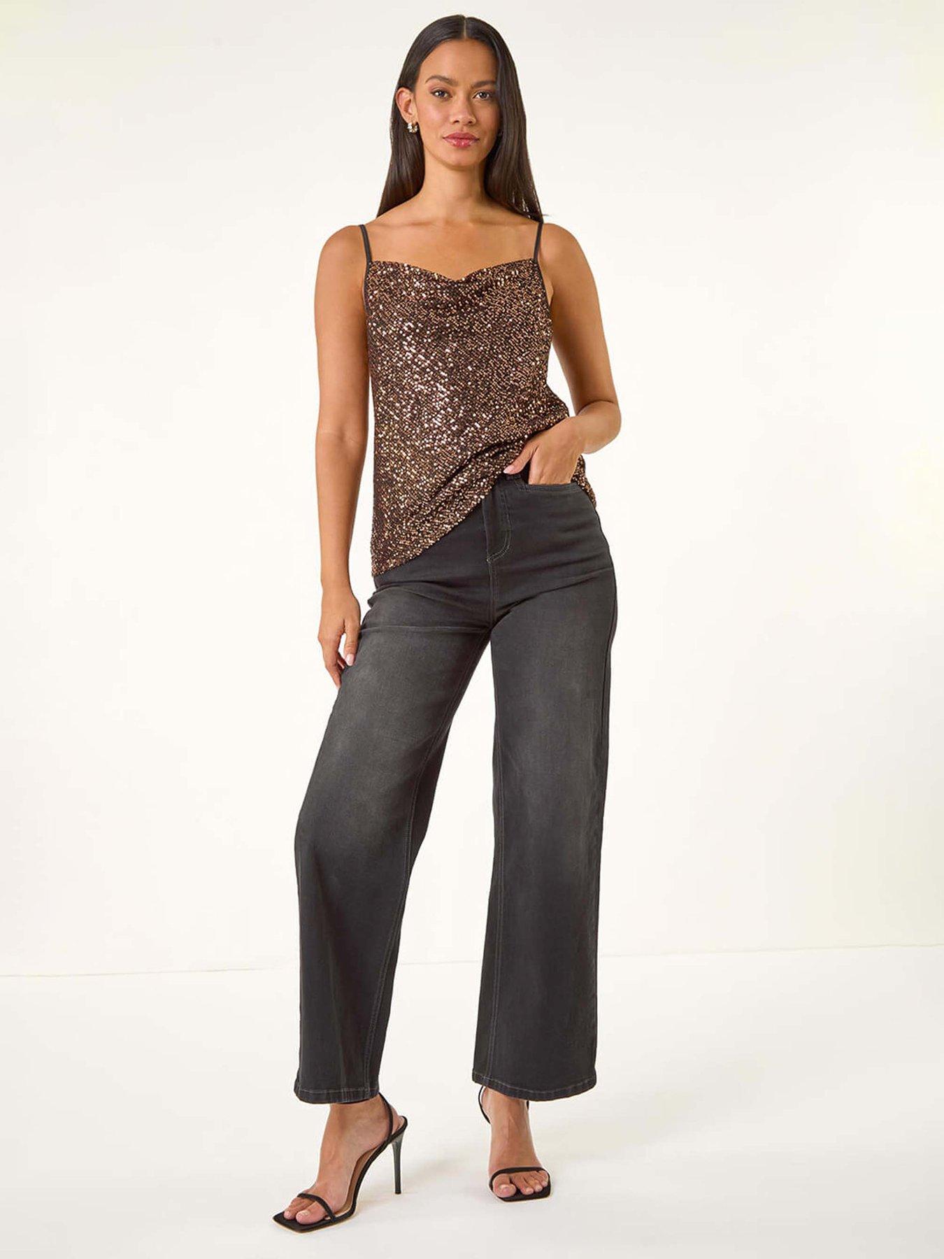 Image 3 of 5 of Roman Dusk Cowl Neck Sequin Cami Top - Brown