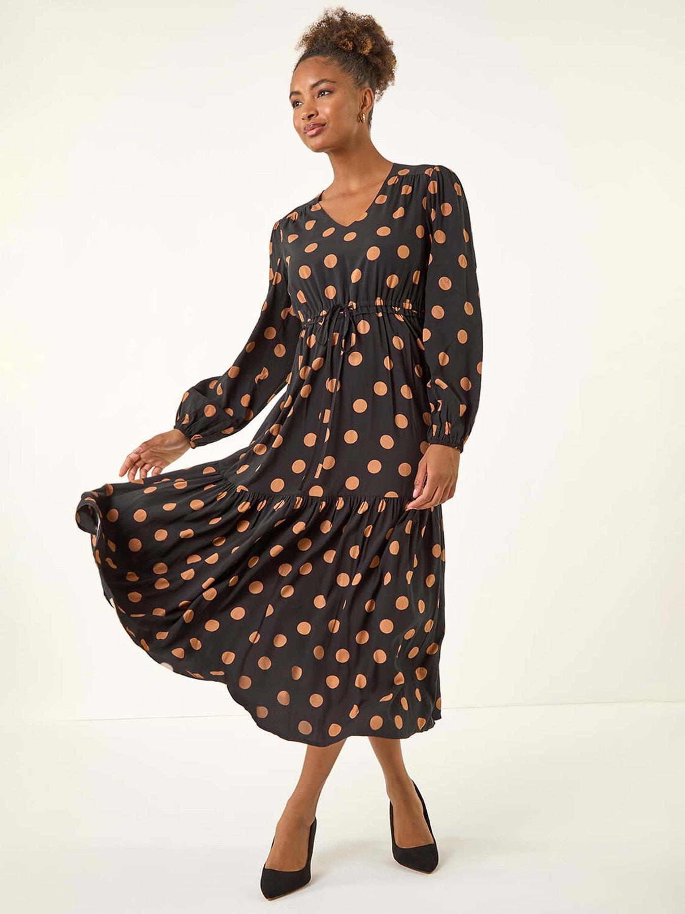 roman-polka-dot-stretch-midi-dress-black