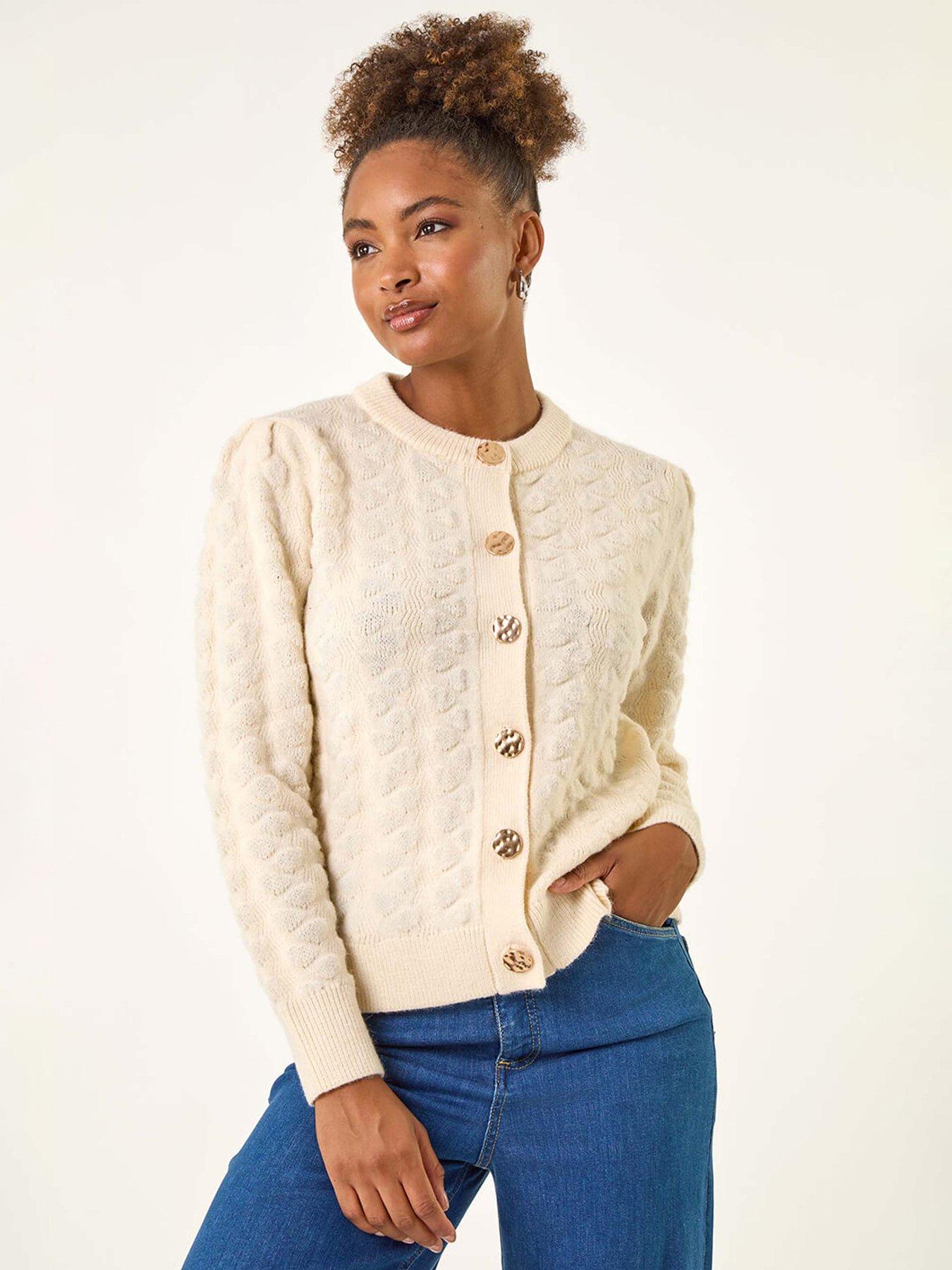 Image 1 of 5 of Roman Textured Buttoned Knit Cardigan - White