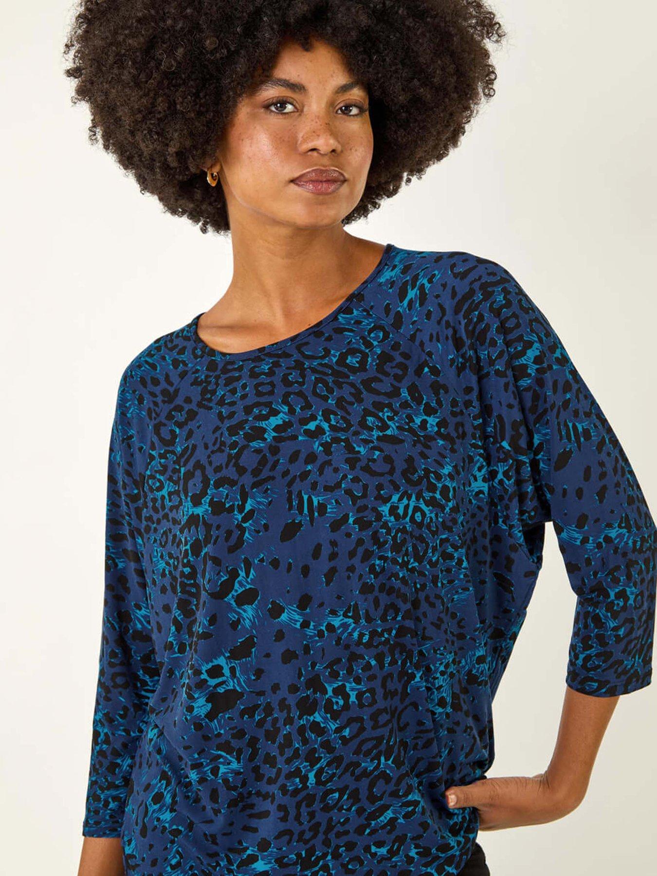 roman-animal-print-stretch-top-blueoutfit