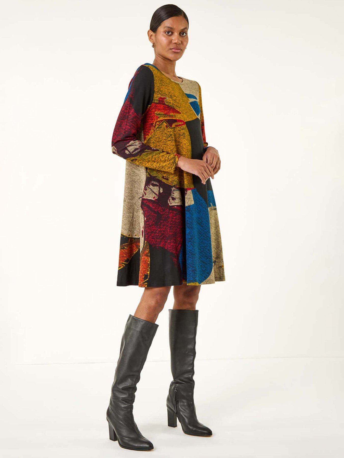 Roman Abstract Print Swing Dress - Black