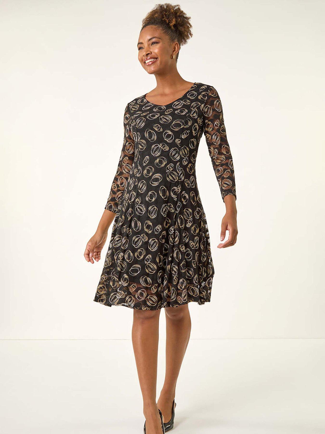 Roman Geo Print Lace Stretch Dress - Black
