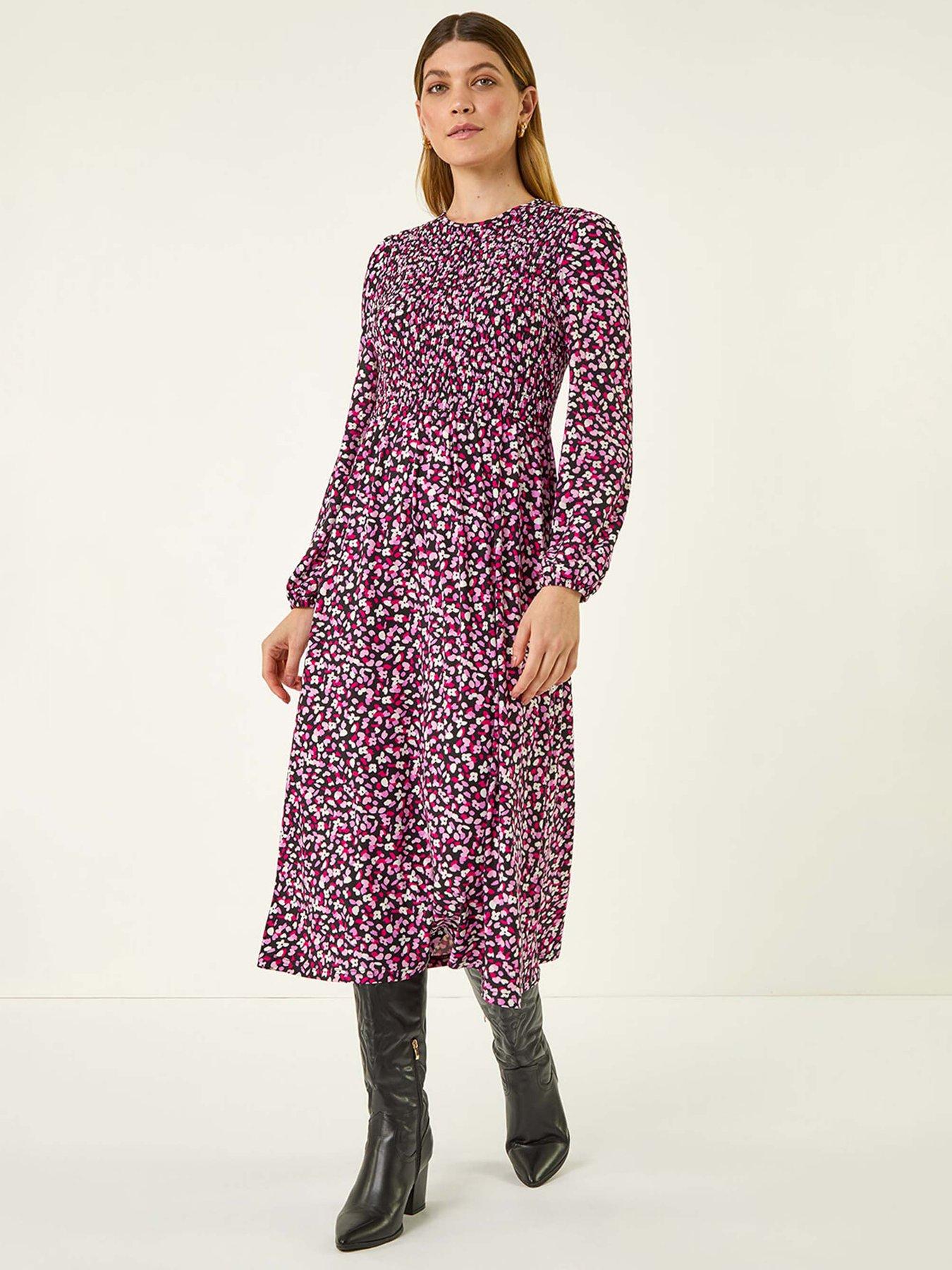 Roman Ditsy Floral Shirred Midi Dress - Pink