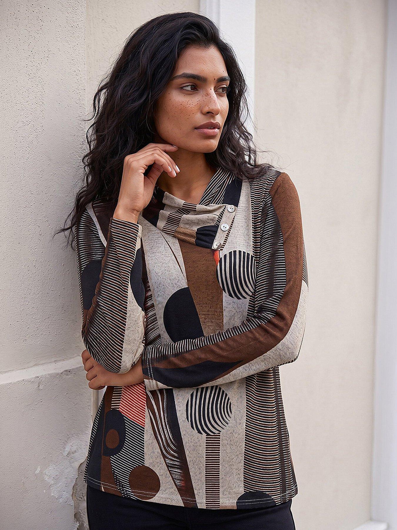 Roman Abstract Print Snit Top - Brown