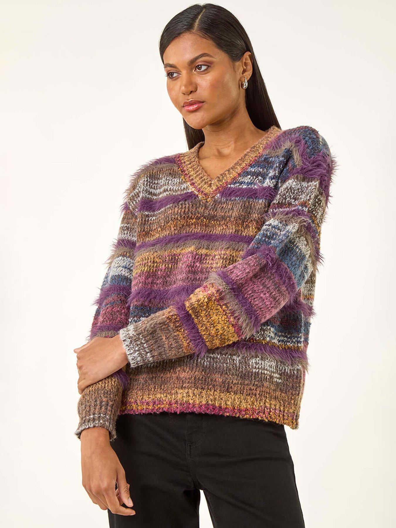Roman Textured Stripe V-neck Knit Jumper - Purple
