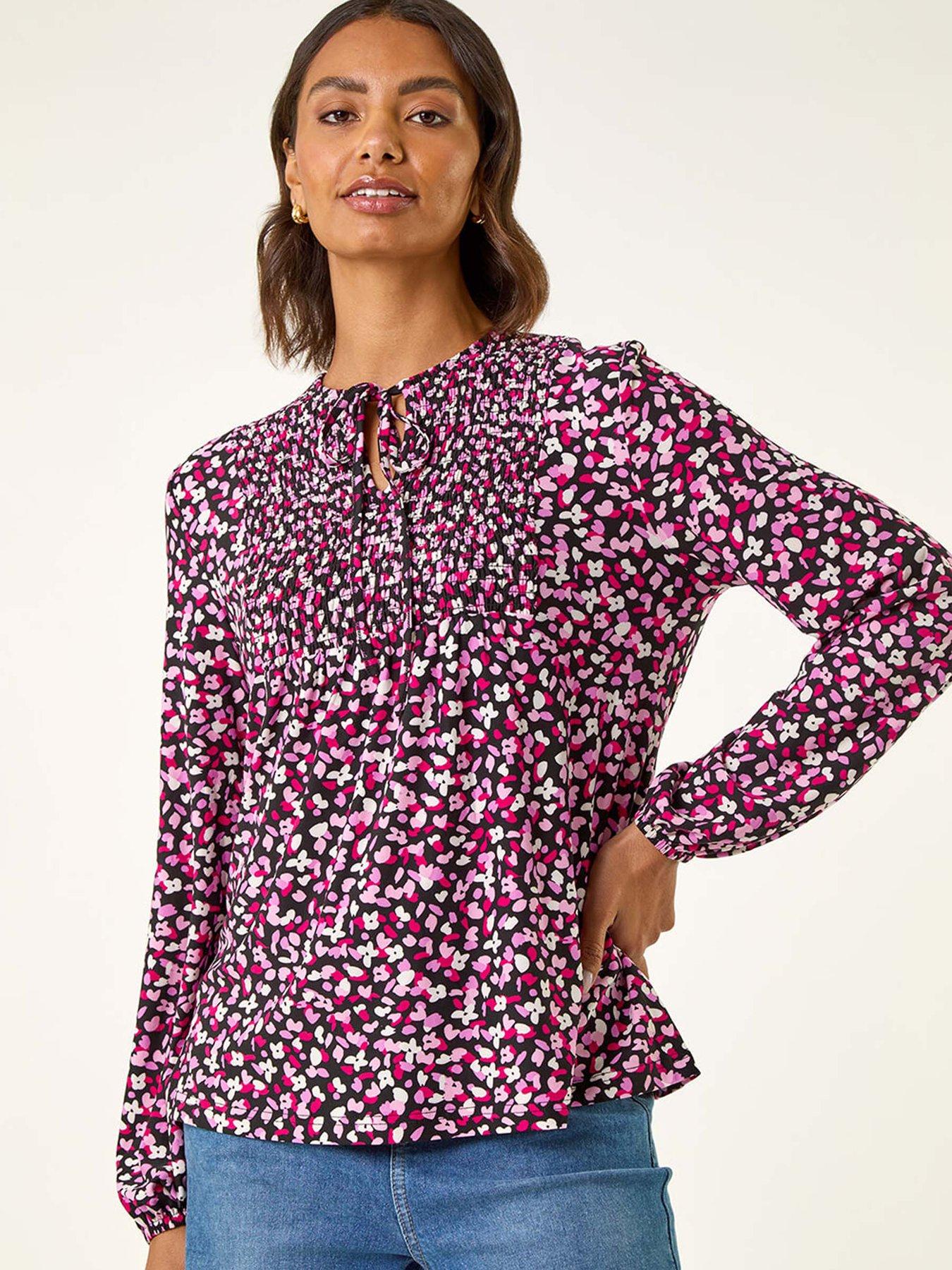 roman-printed-shirred-tie-neck-top-pink