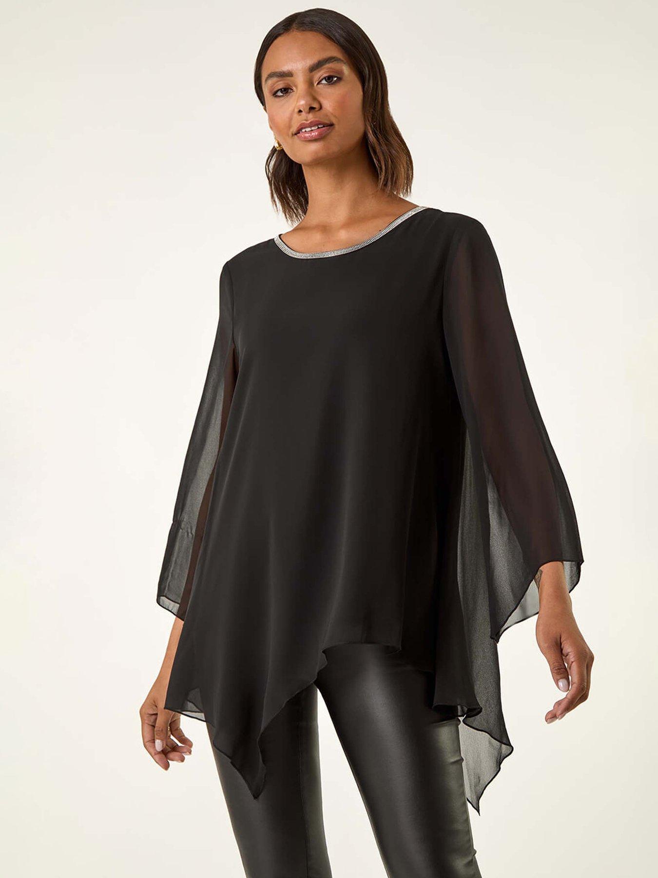 Image 1 of 5 of Roman Diamante Asymmetric Chiffon Top - Black