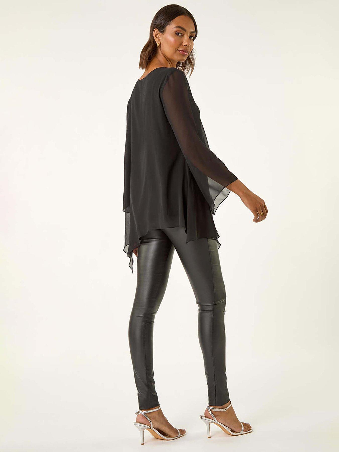Image 2 of 5 of Roman Diamante Asymmetric Chiffon Top - Black