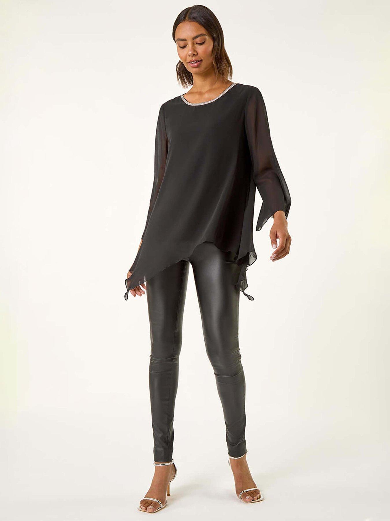 Image 3 of 5 of Roman Diamante Asymmetric Chiffon Top - Black
