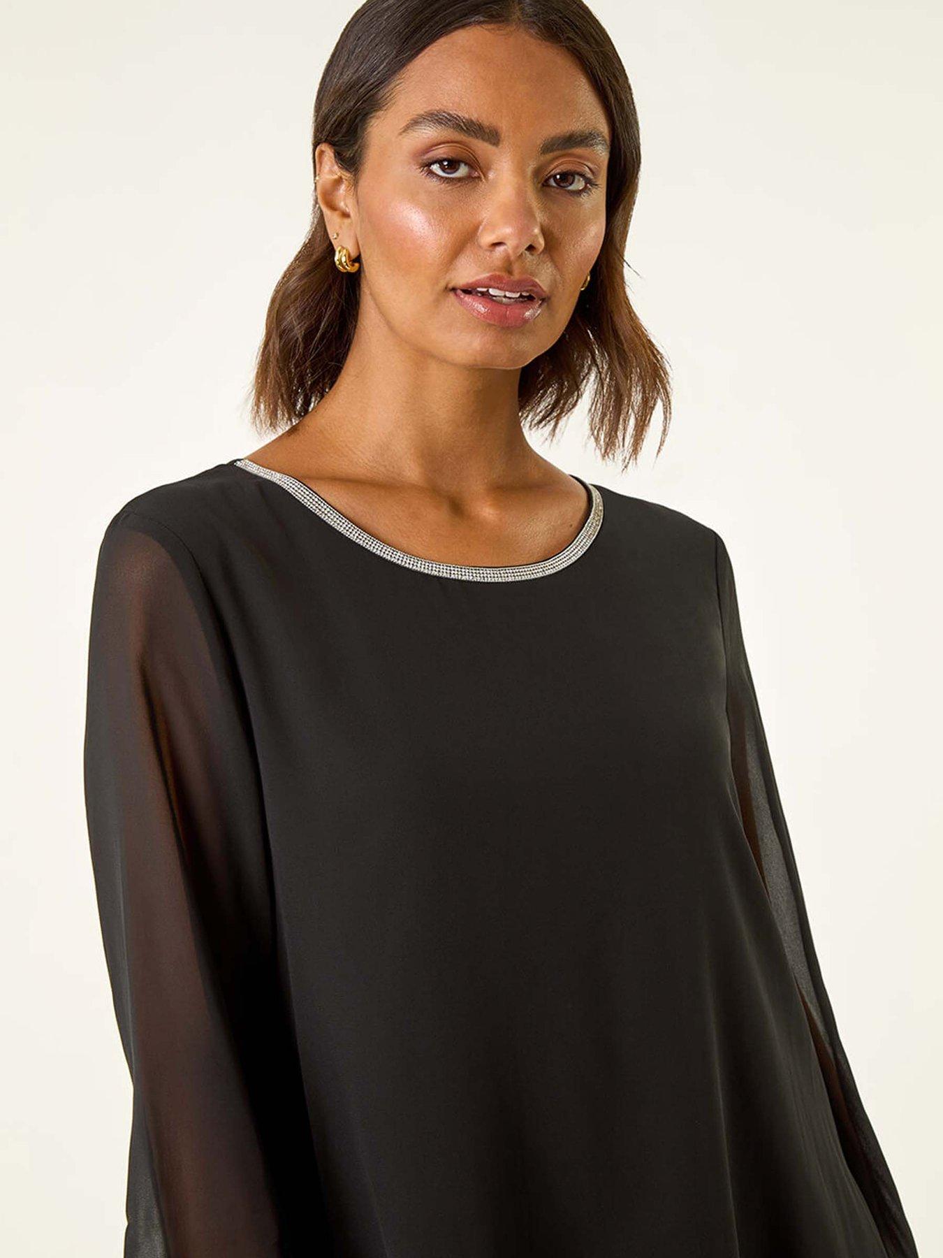 Image 4 of 5 of Roman Diamante Asymmetric Chiffon Top - Black
