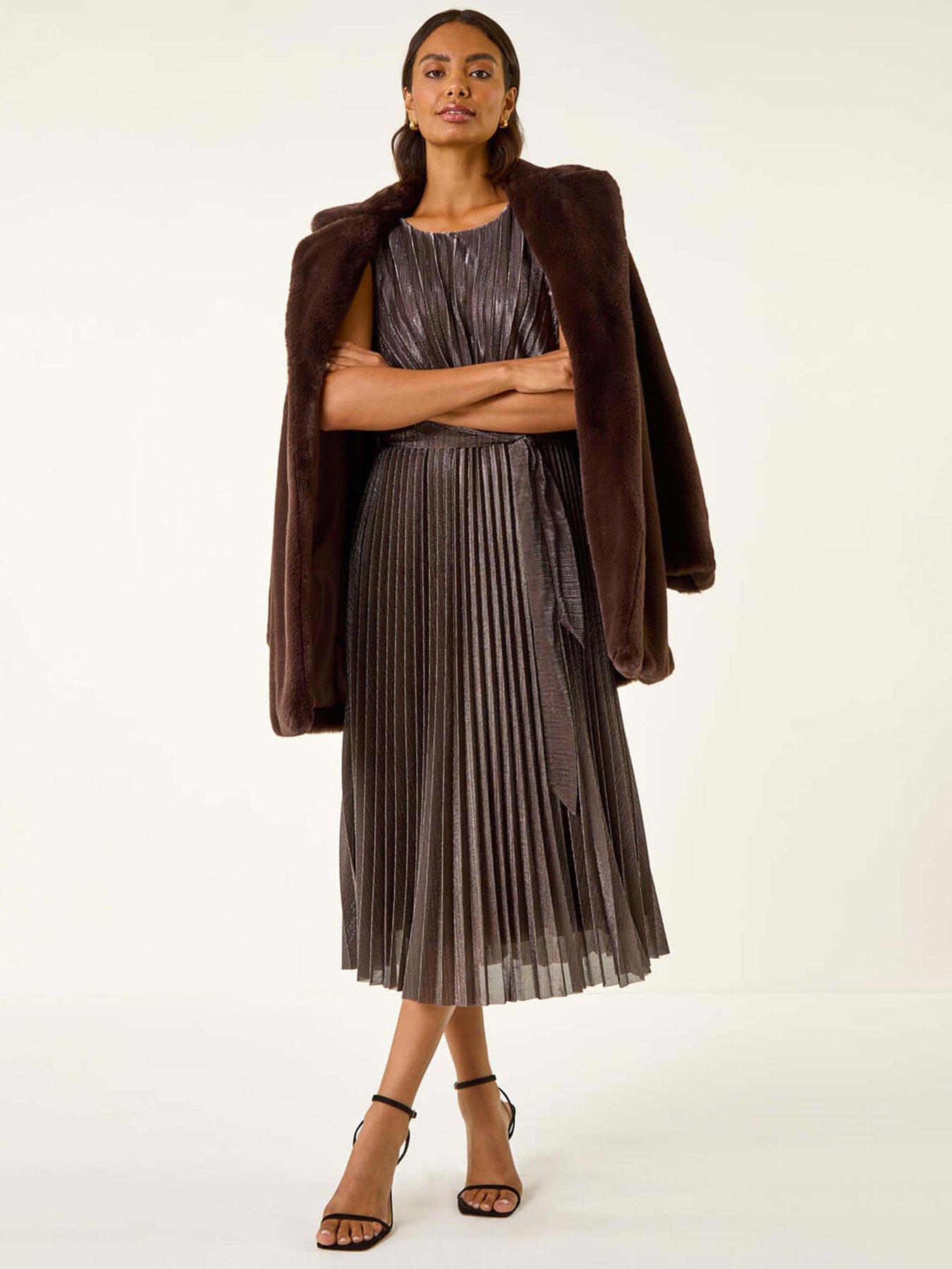 Roman Metallic Pleated Midi Dress - Brown