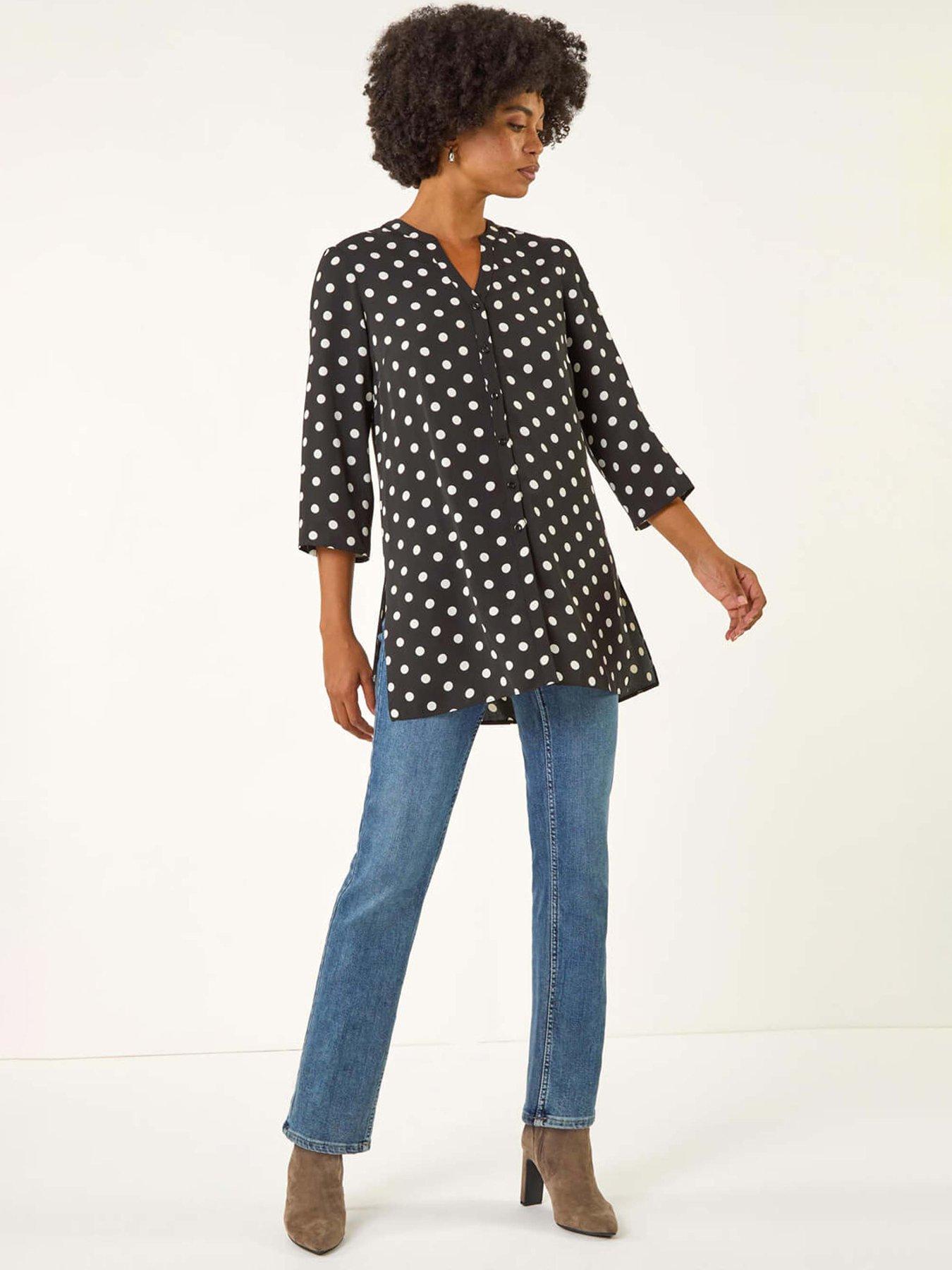 Roman Spot Print Longline Buttoned Blouse - Black