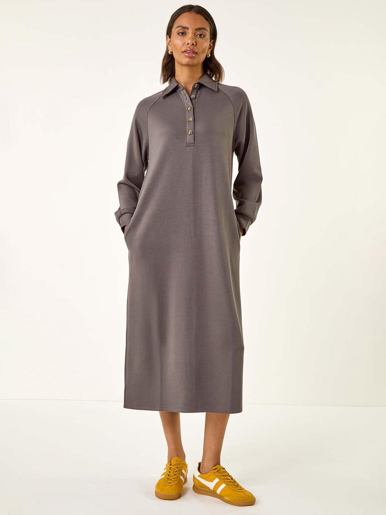 Image 1 of 5 of Roman Buttoned Collar Midi Dress - Grey