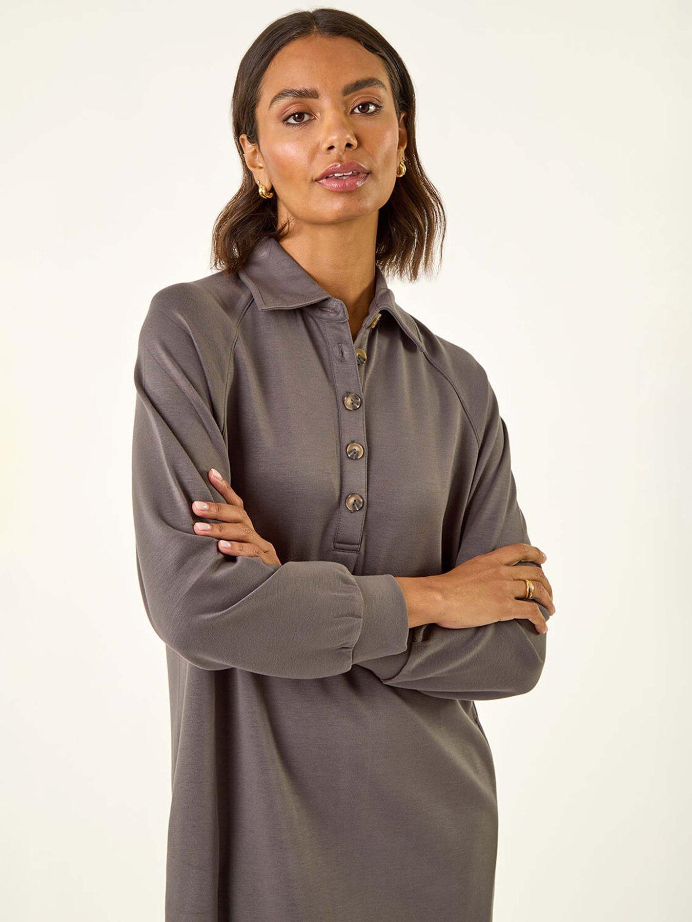 Image 4 of 5 of Roman Buttoned Collar Midi Dress - Grey