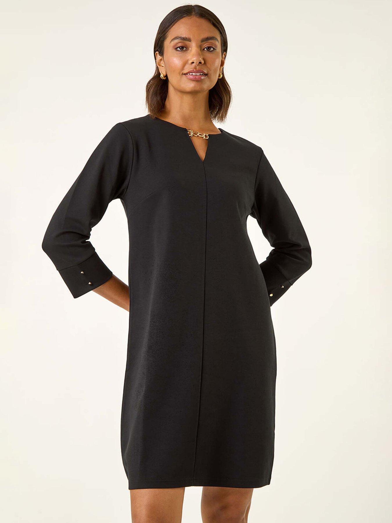 Image 3 of 5 of Roman Keyhole Chain Shift Dress - Black
