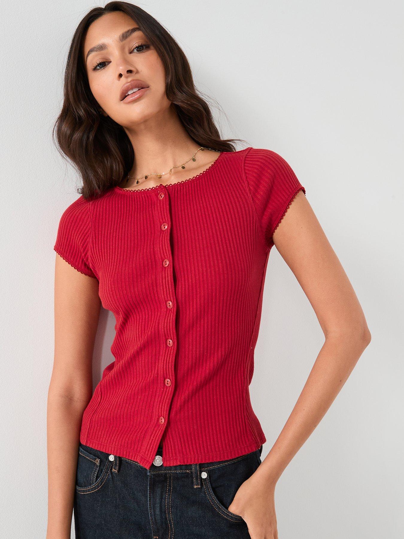 FREE PEOPLE Most Wanted Ribbed Button Up Top - Red