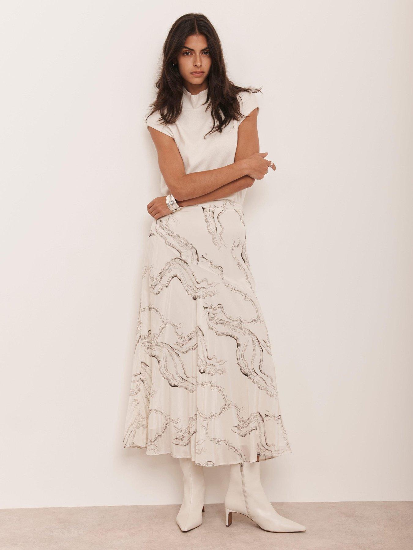 Mint Velvet Marble Print Midi Skirt - Cream