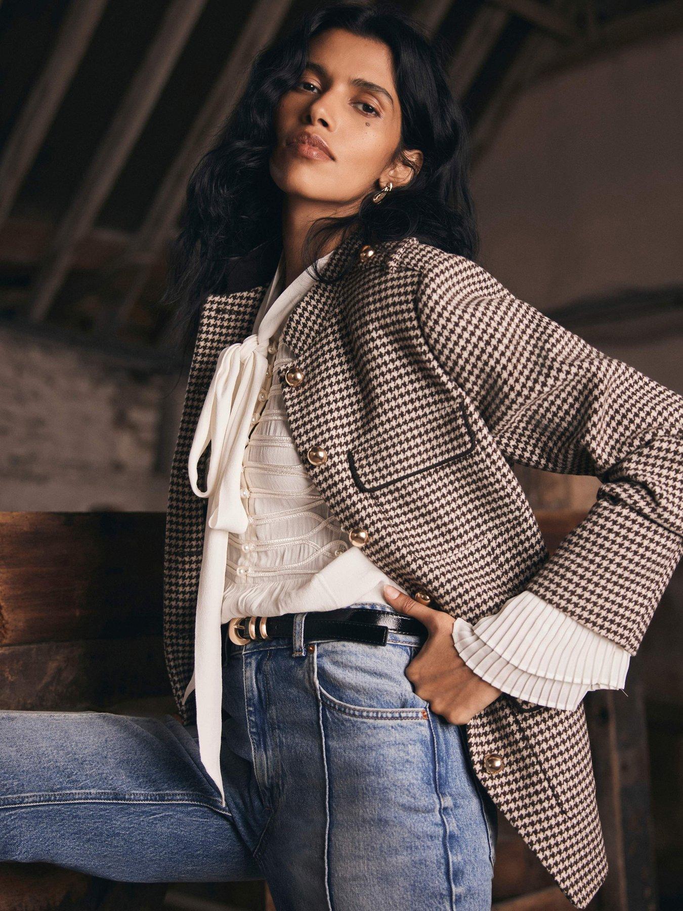 Image 1 of 6 of Mint Velvet Check Military Jacket - Brown