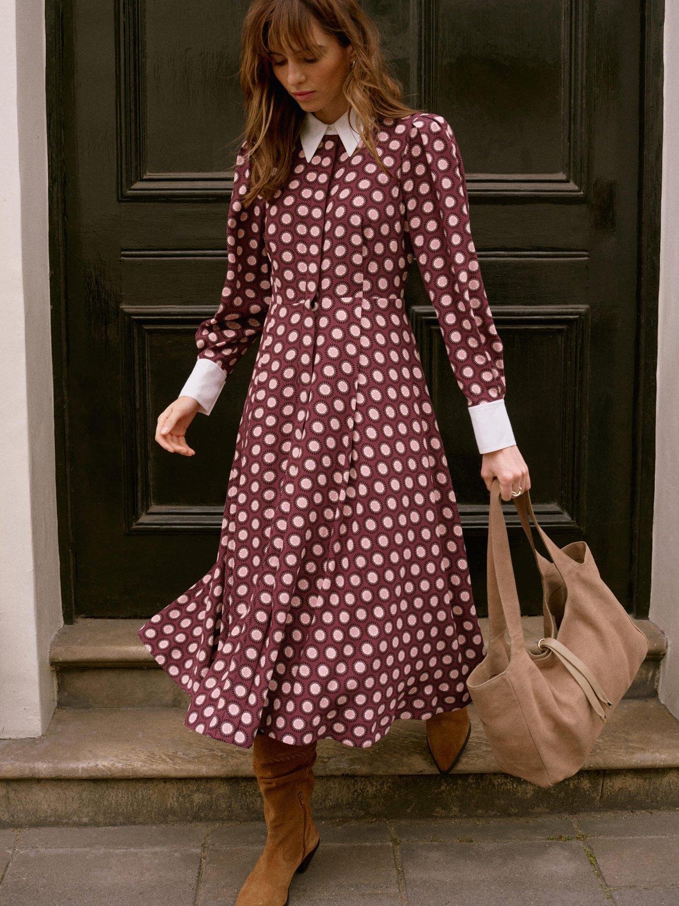 Image 1 of 6 of Mint Velvet Burgundy Star Print Midi Dress - Red
