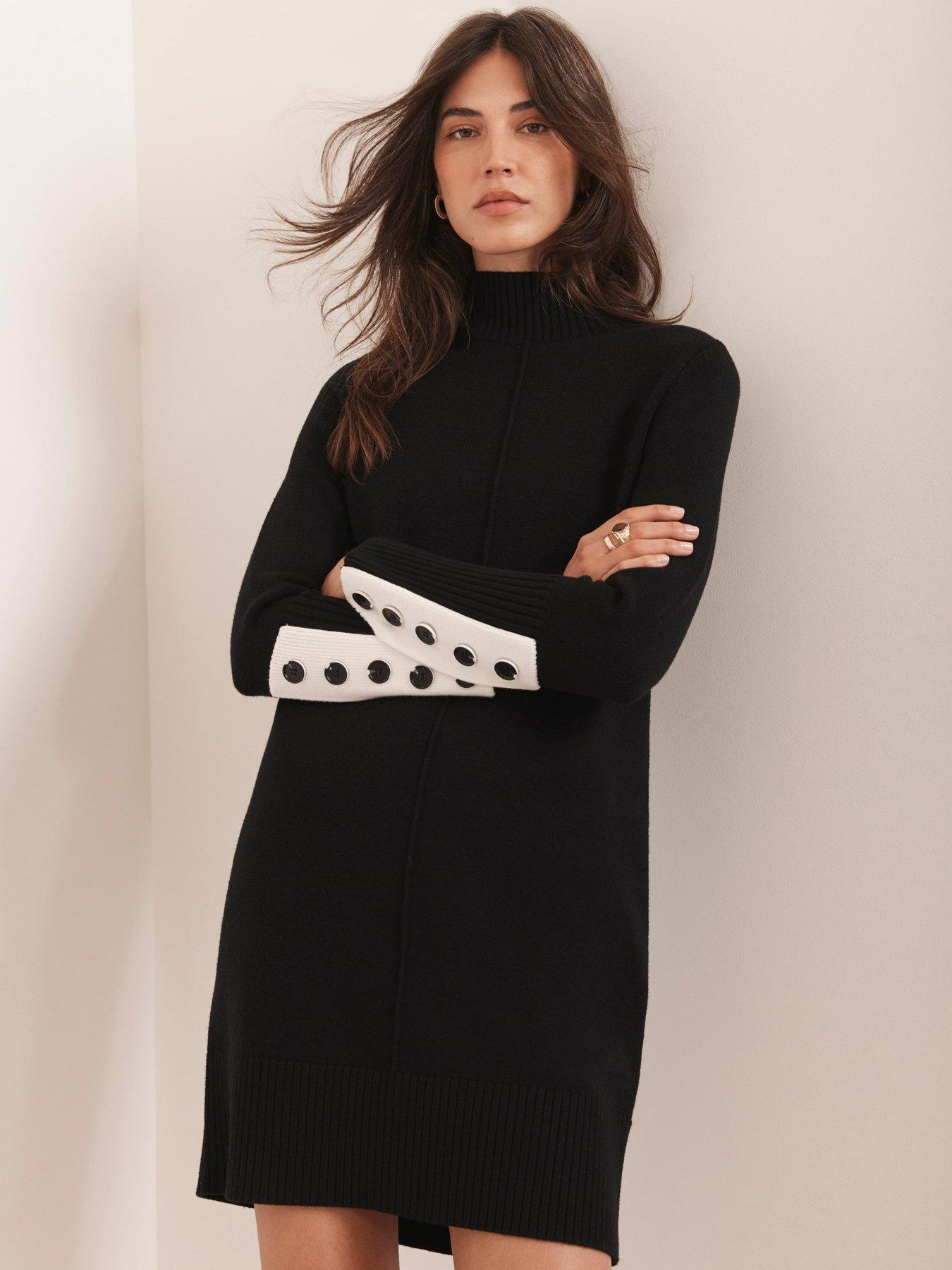 Mint Velvet Knit Contrast Cuff Dress - Black