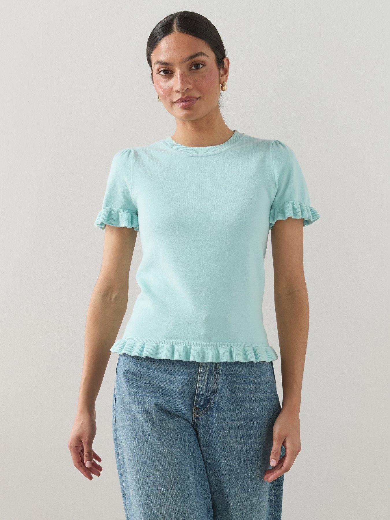 The Very Collection Crew Neck Frill Edge Knitted Top - Light Blue