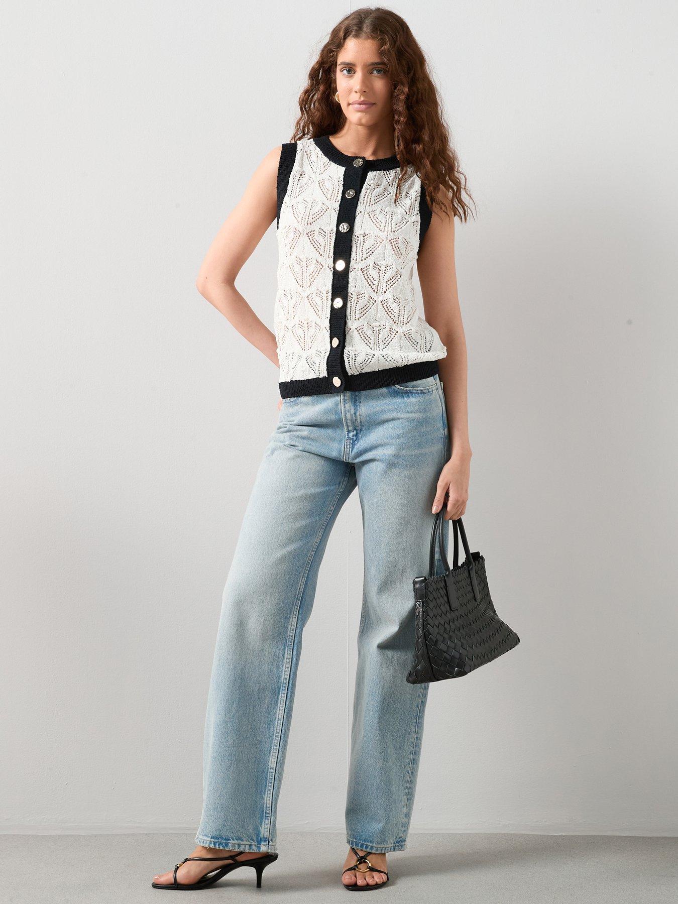 The Very Collection Colour Block Pointelle Knitted Waistcoat - Cream/Black