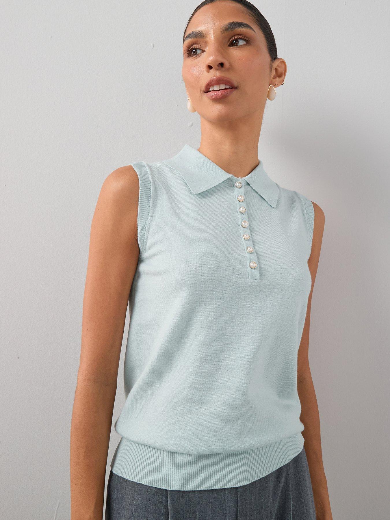 The Very Collection Collared Neck Half Placket Sleeveless Knitted Top - Light Blue