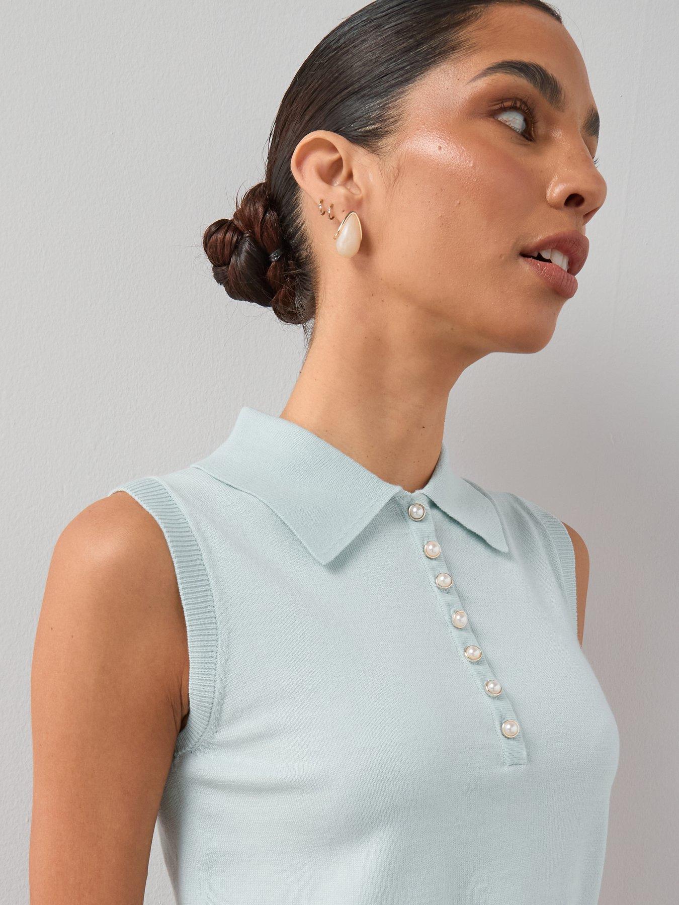 Image 6 of 7 of The Very Collection Collared Neck Half Placket Sleeveless Knitted Top - Light Blue