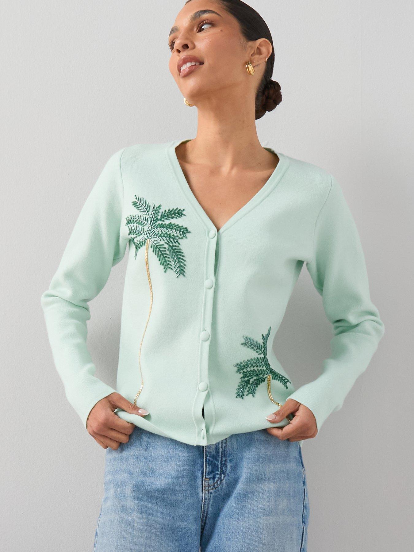 Image 1 of 7 of The Very Collection V Neck Palm Bead Embroidery Cardigan - Green