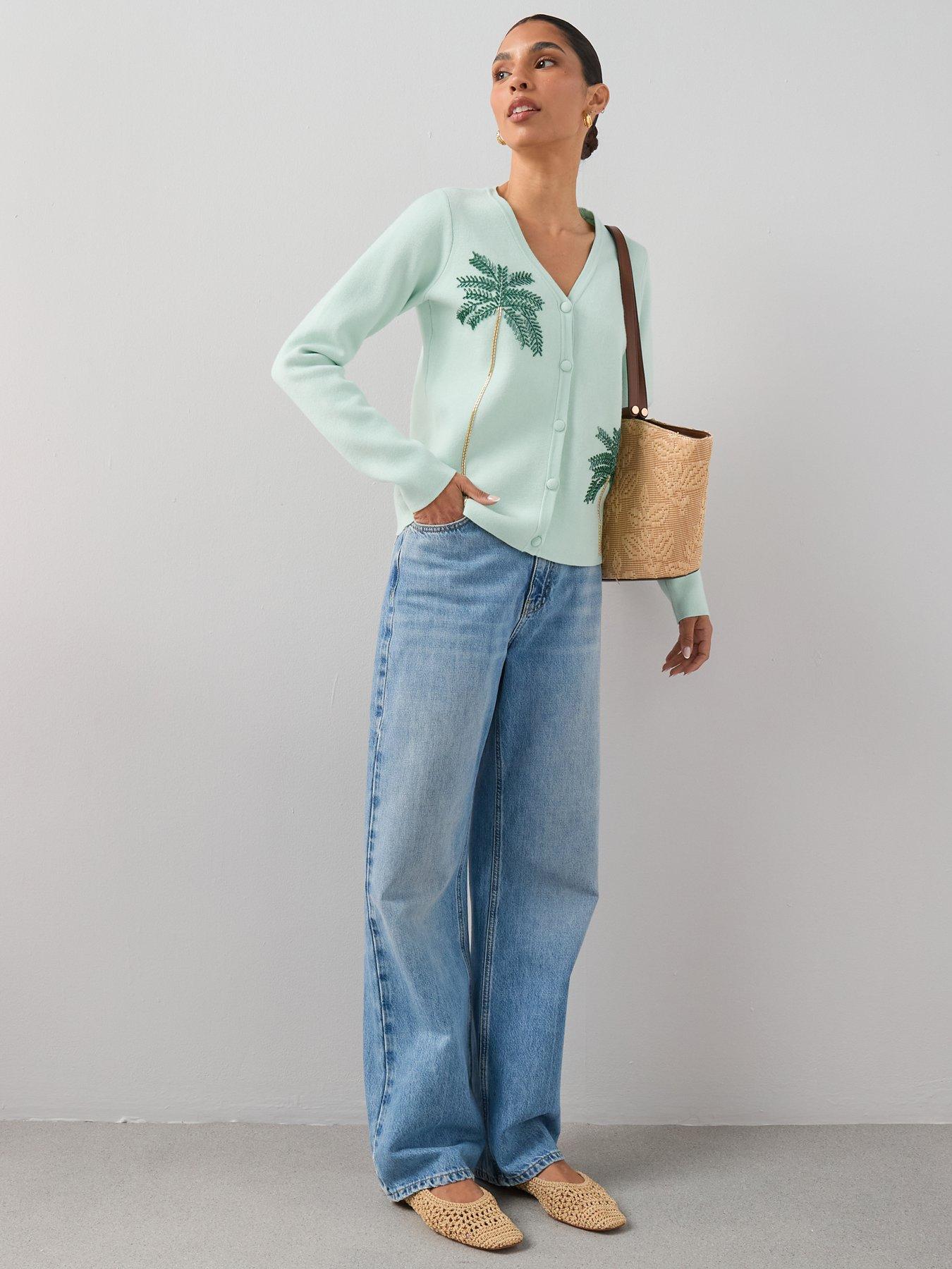 Image 3 of 7 of The Very Collection V Neck Palm Bead Embroidery Cardigan - Green
