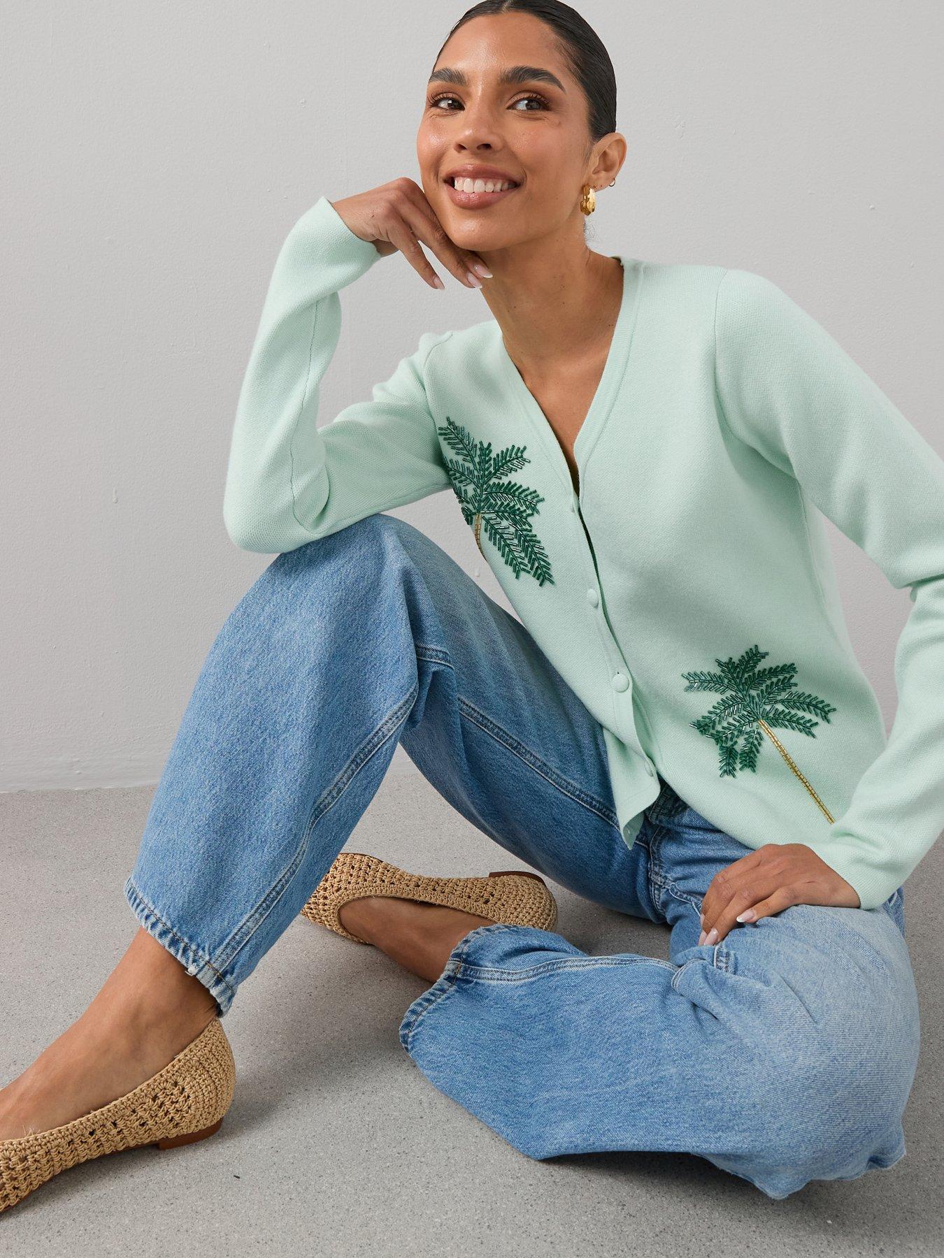 Image 4 of 7 of The Very Collection V Neck Palm Bead Embroidery Cardigan - Green