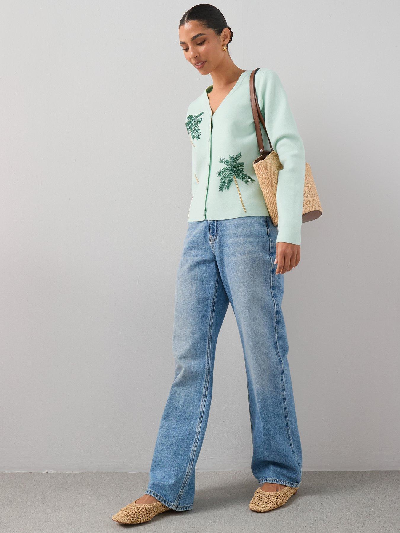 Image 5 of 7 of The Very Collection V Neck Palm Bead Embroidery Cardigan - Green