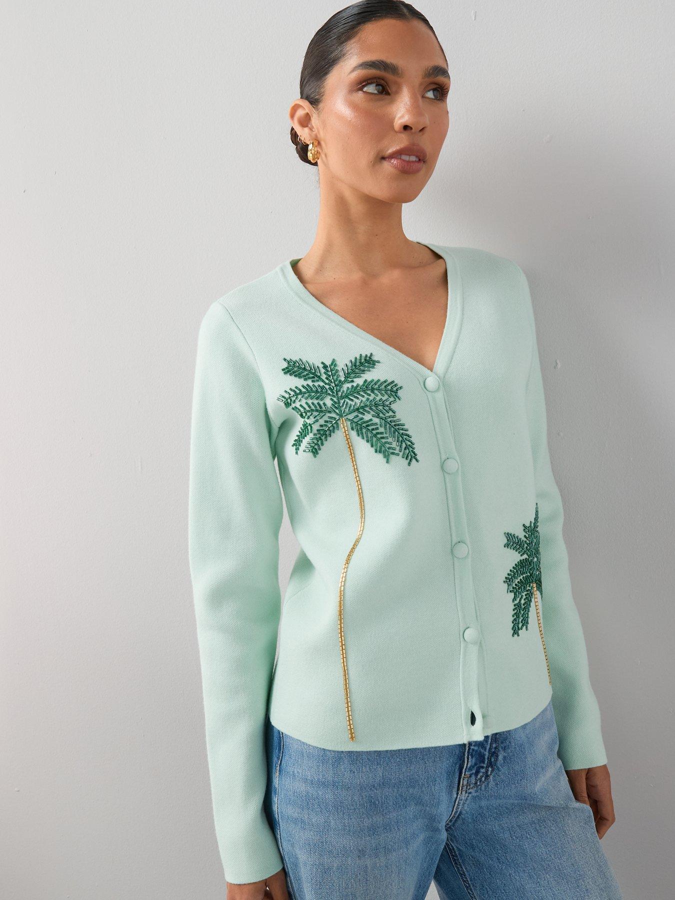Image 6 of 7 of The Very Collection V Neck Palm Bead Embroidery Cardigan - Green