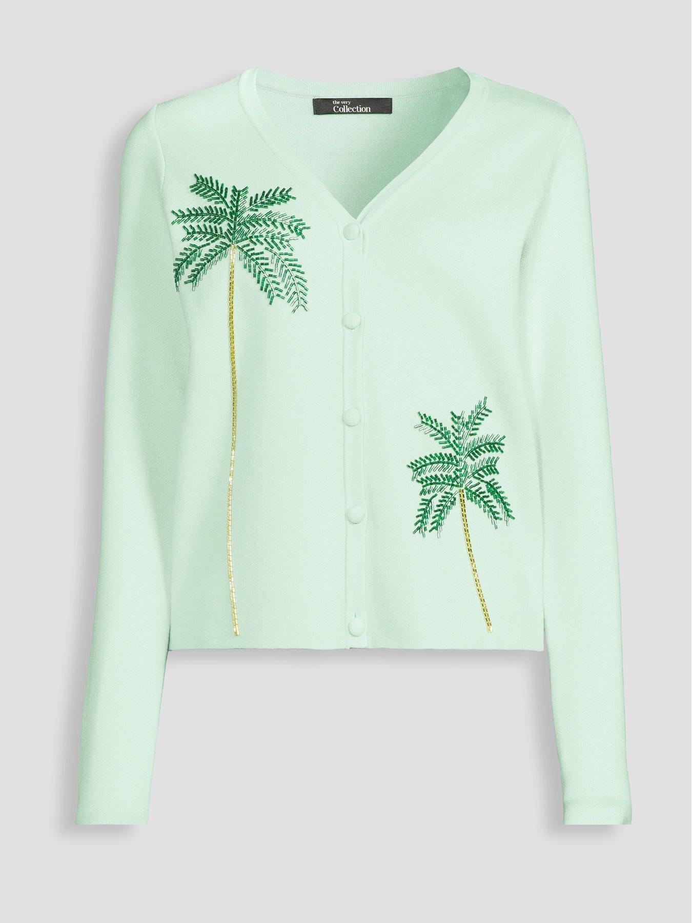 Image 7 of 7 of The Very Collection V Neck Palm Bead Embroidery Cardigan - Green