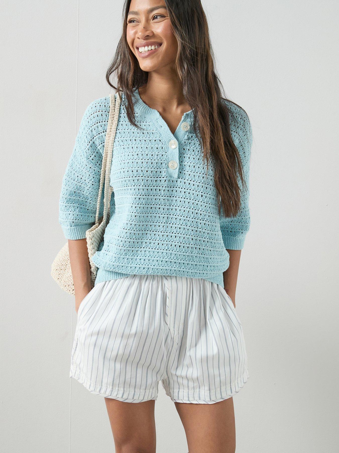 Image 1 of 7 of The Very Collection Cotton Rich Short Sleeve Knitted Top - Light Blue