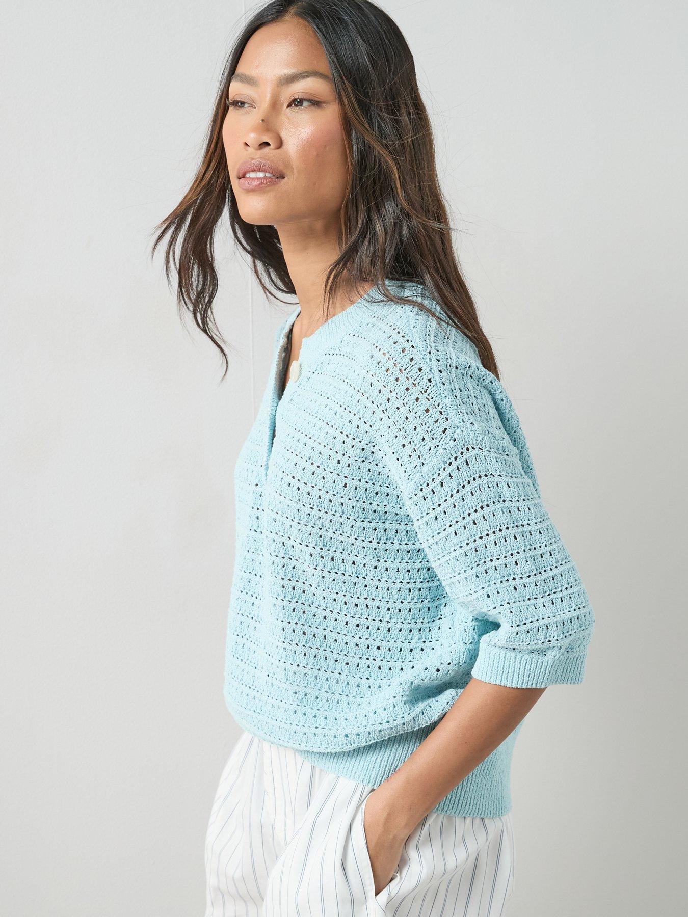 Image 4 of 7 of The Very Collection Cotton Rich Short Sleeve Knitted Top - Light Blue