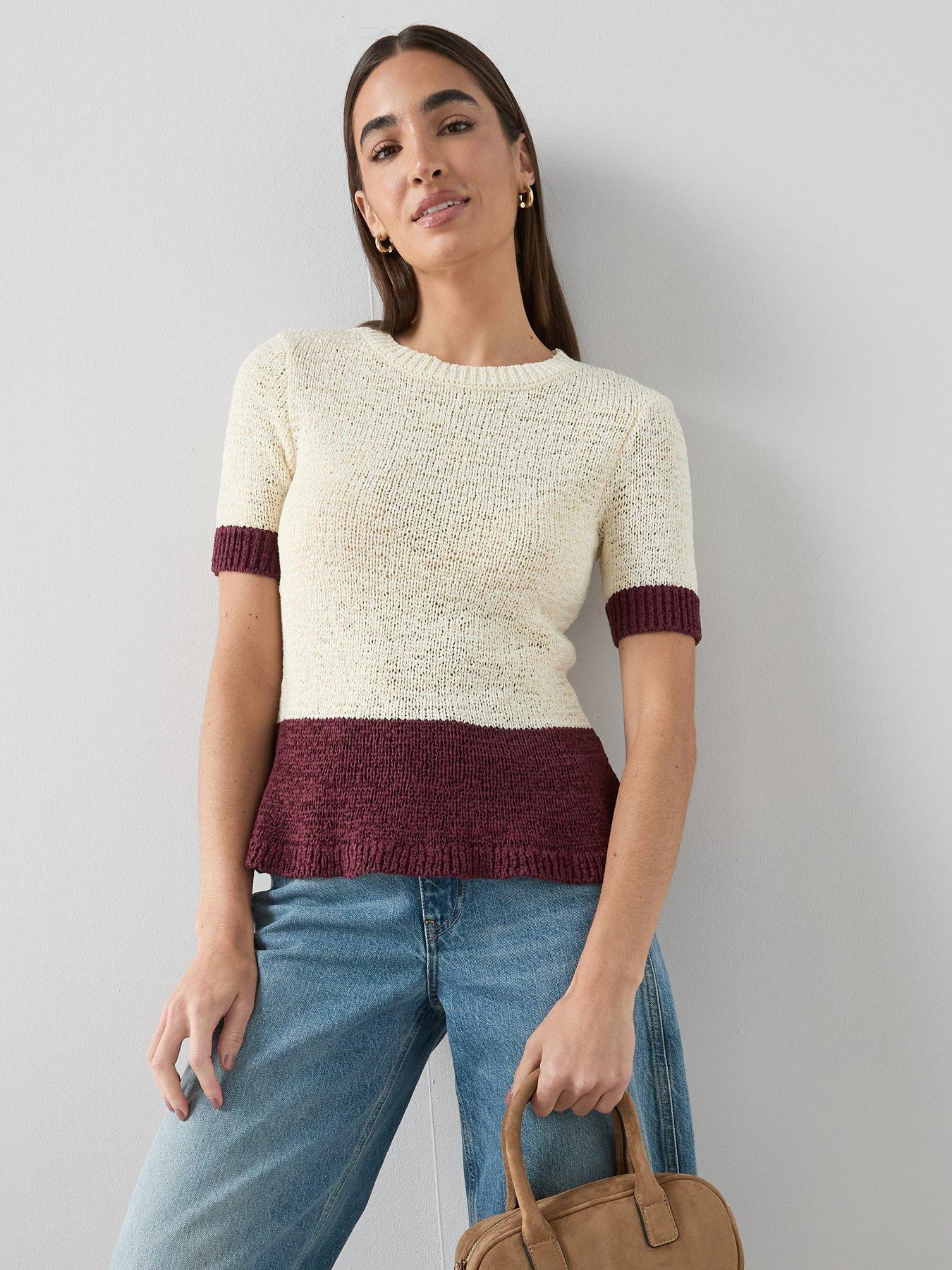The Very Collection Short Sleeve Colour Block Peplum Tape Yarn Knitted Top - Cream/Burgundy