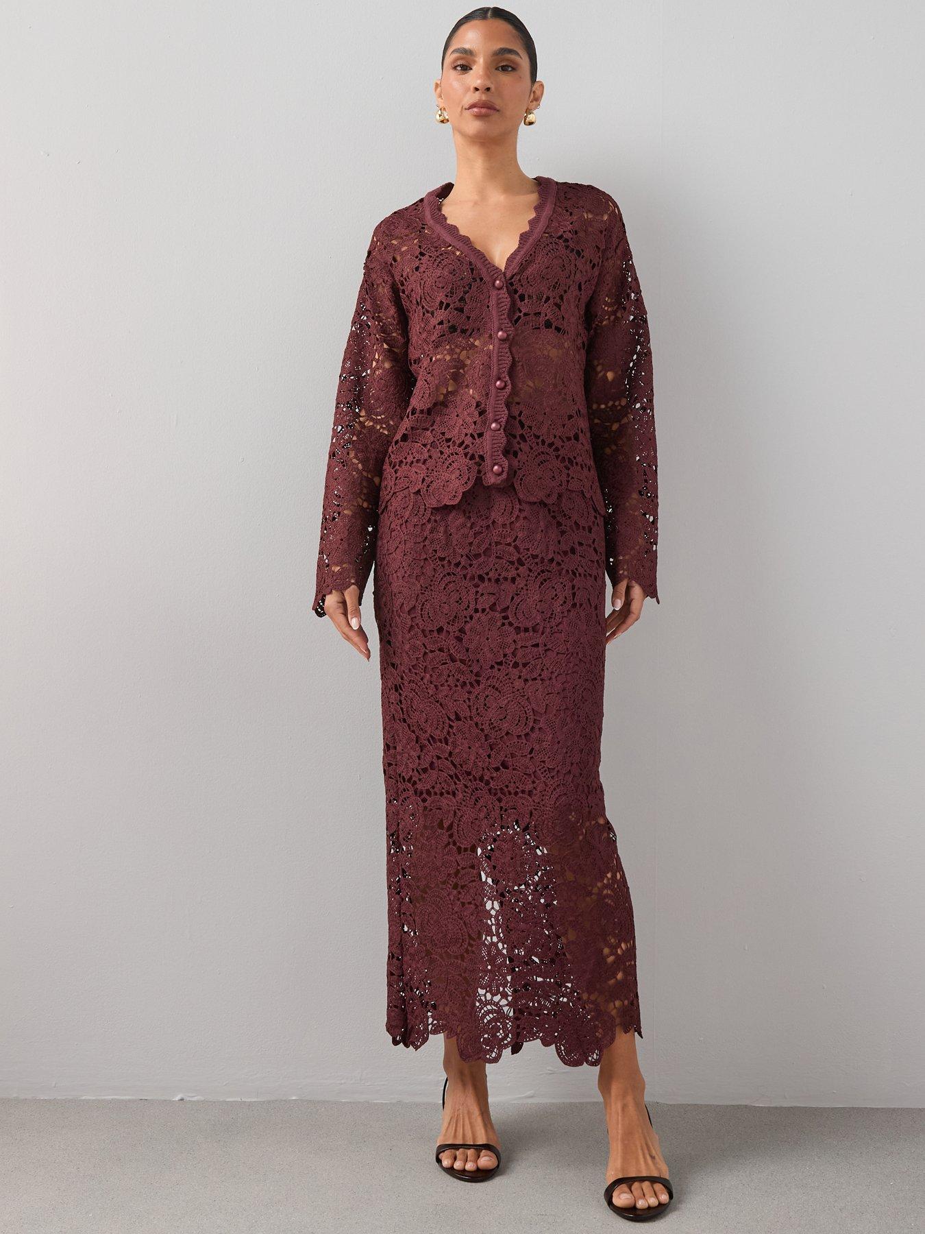 The Very Collection V Neck Crochet Cardigan Coord - Brown